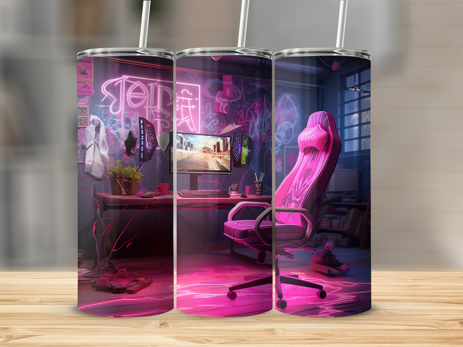 Gaming desk setup with pink neon lights and a pink gaming chair.