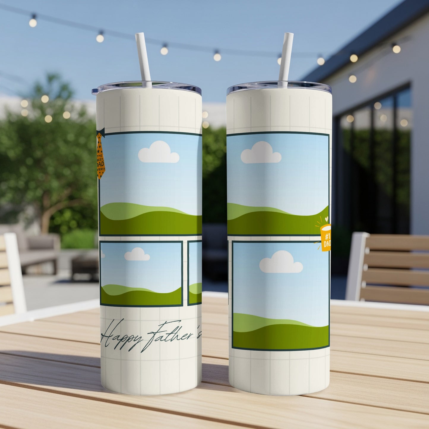 Two tumblers with cartoon scenes and "Happy Father's Day" text.