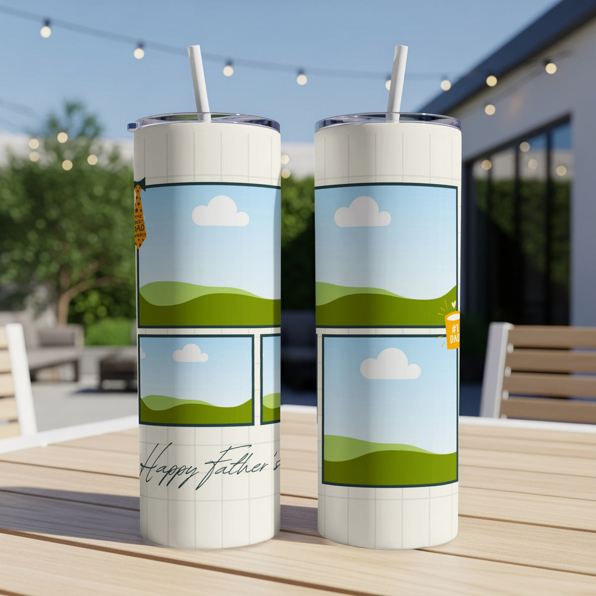 Two tumblers with cartoon scenes and "Happy Father's Day" text.