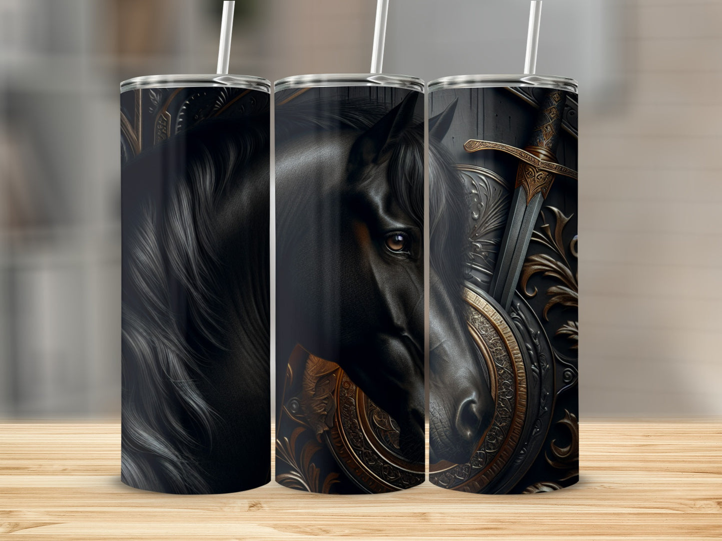 Black horse head and ornate armor on a tumbler.