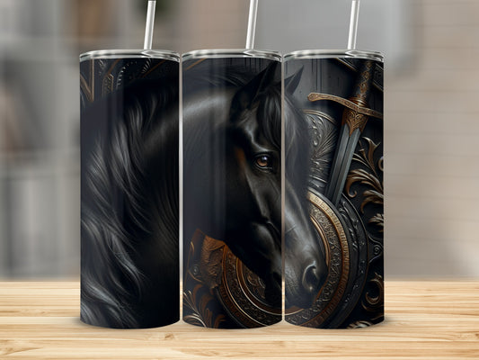 Black horse head and ornate armor on a tumbler.