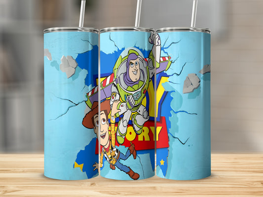 Woody and Buzz Lightyear burst through a blue, cracked wall.