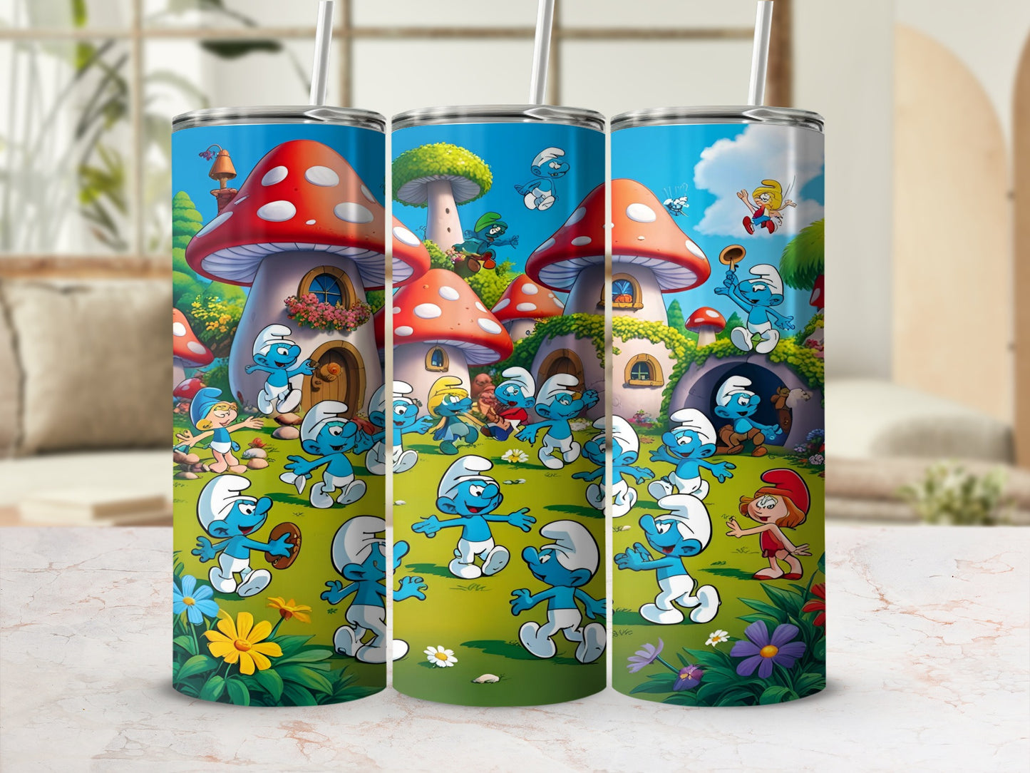 Smurfs playing in a village with mushroom houses and flowers.