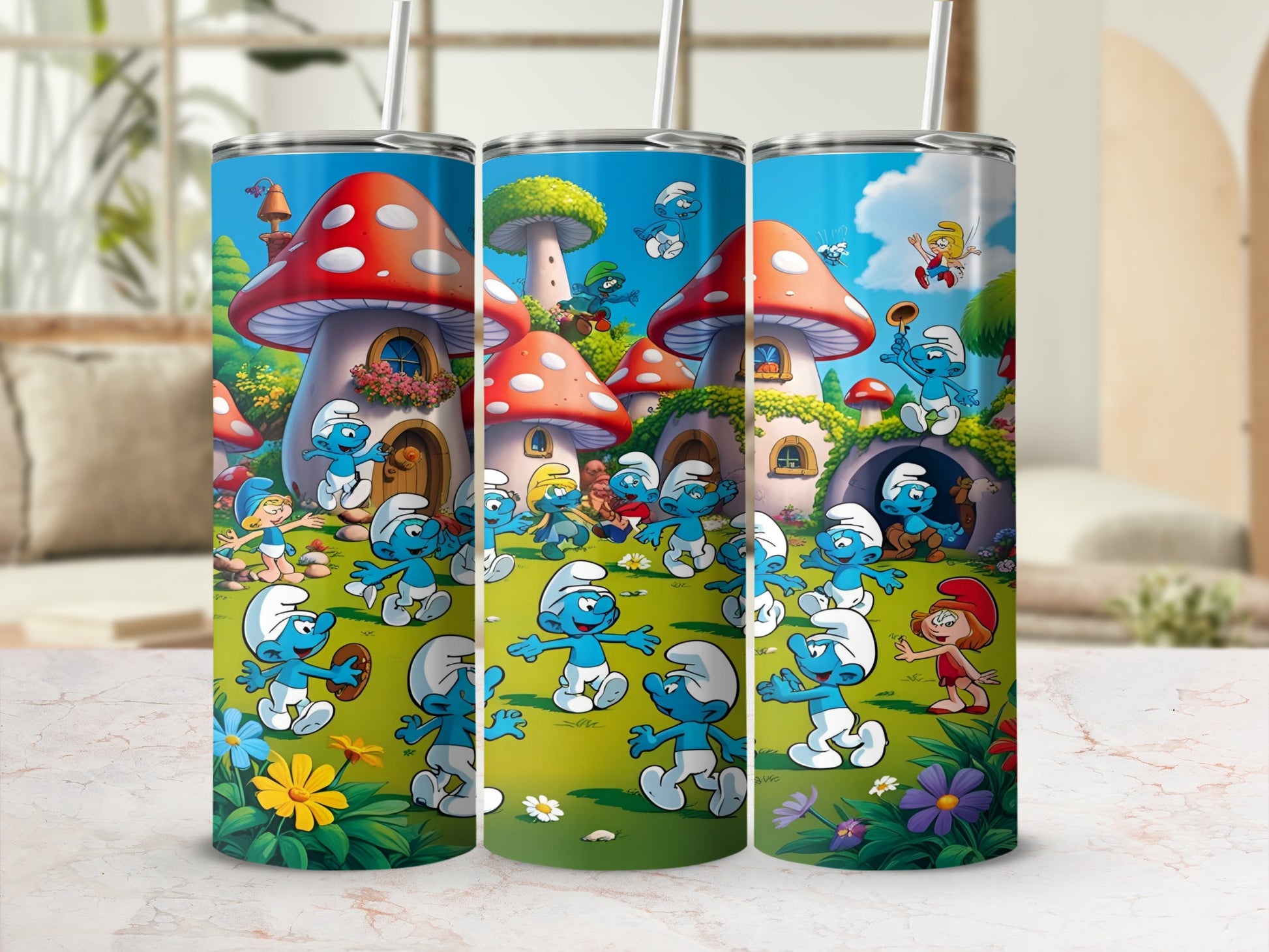 Smurfs playing in a village with mushroom houses and flowers.