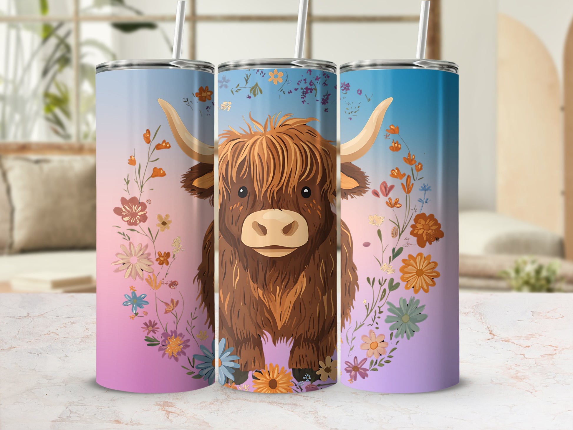Highland Cow Floral Art Tumbler Cute Cow Design Tumbler