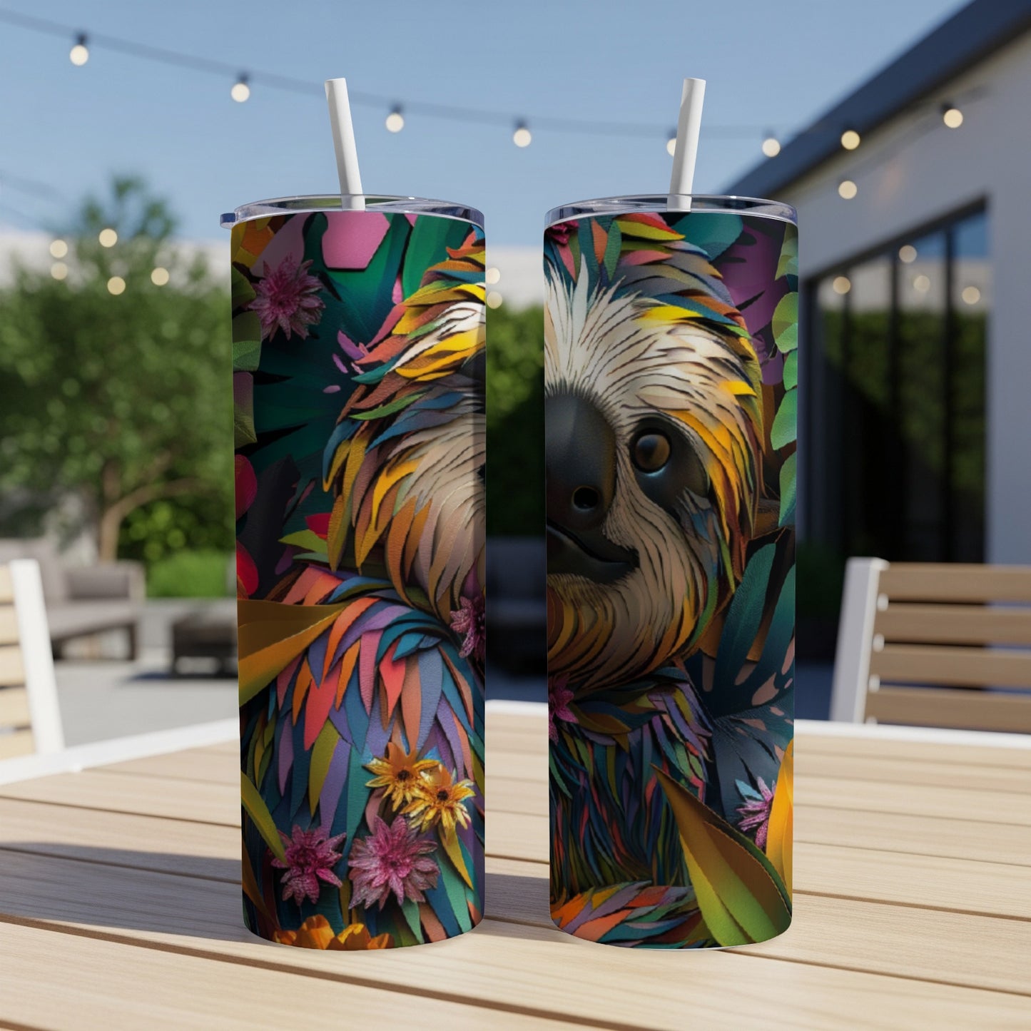 Two colorful sloth tumblers with floral and leaf designs on a wooden table.