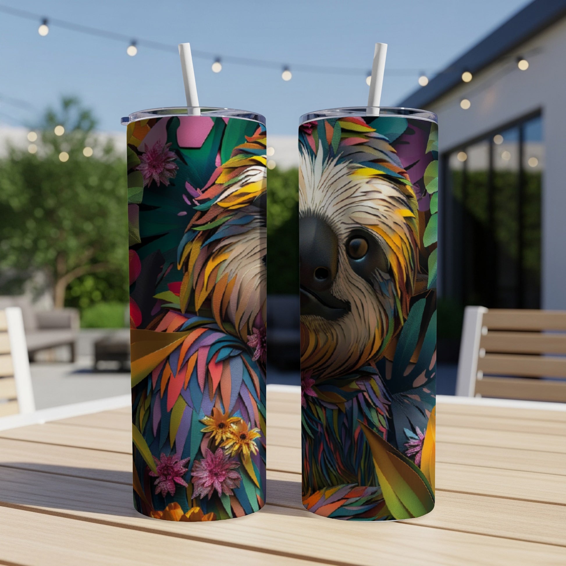 Two colorful sloth tumblers with floral and leaf designs on a wooden table.