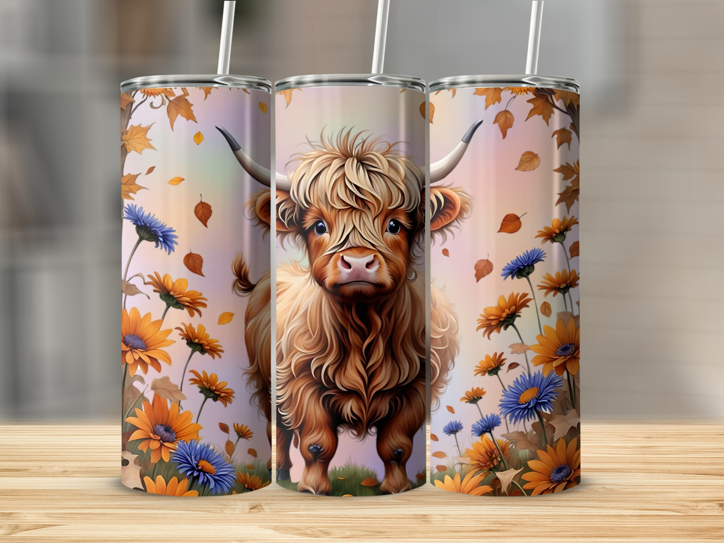 Highland Cow and Autumn Flowers Tumbler Cup Design