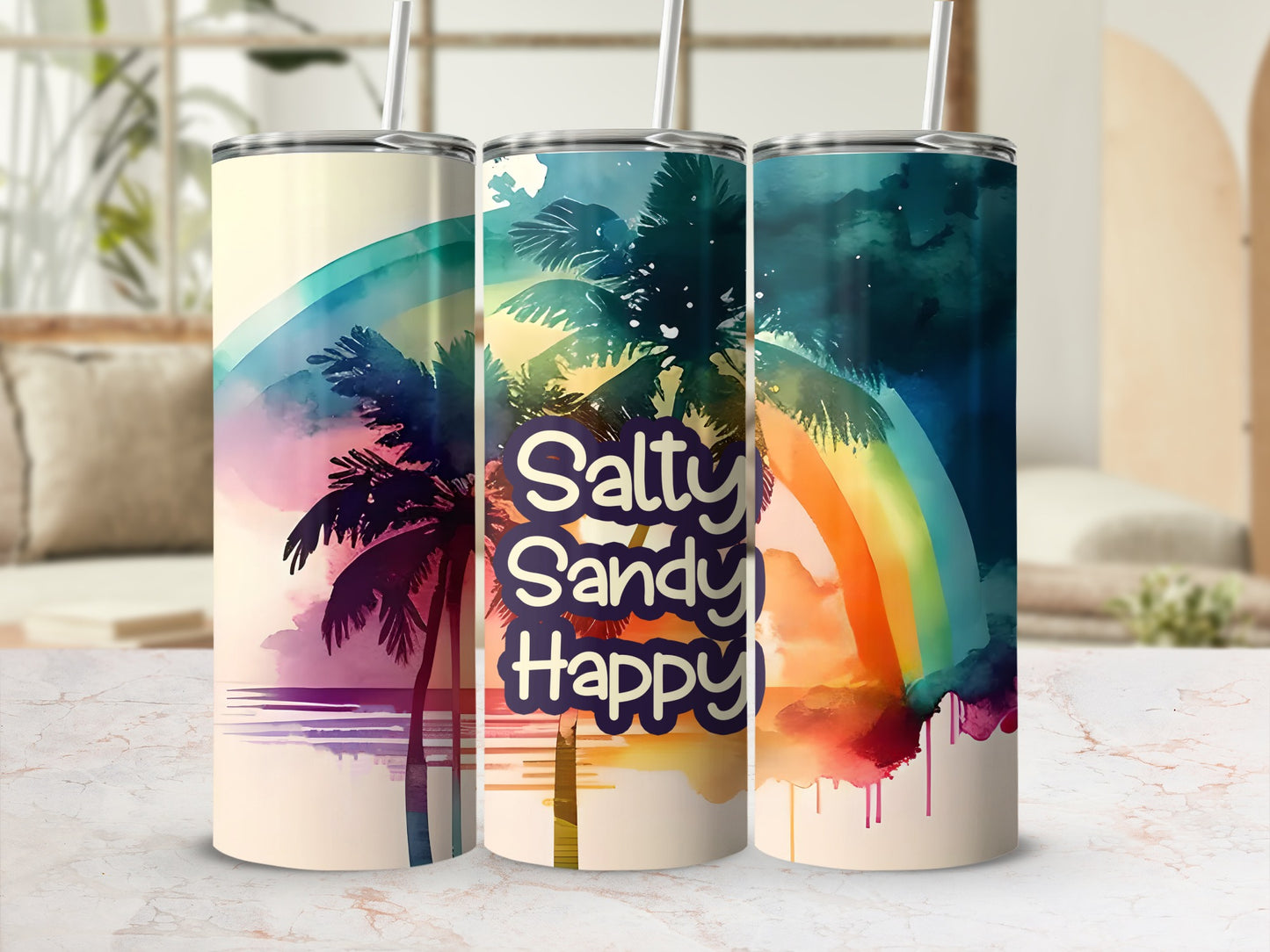 Three tumblers with a colorful beach sunset and palm tree design.