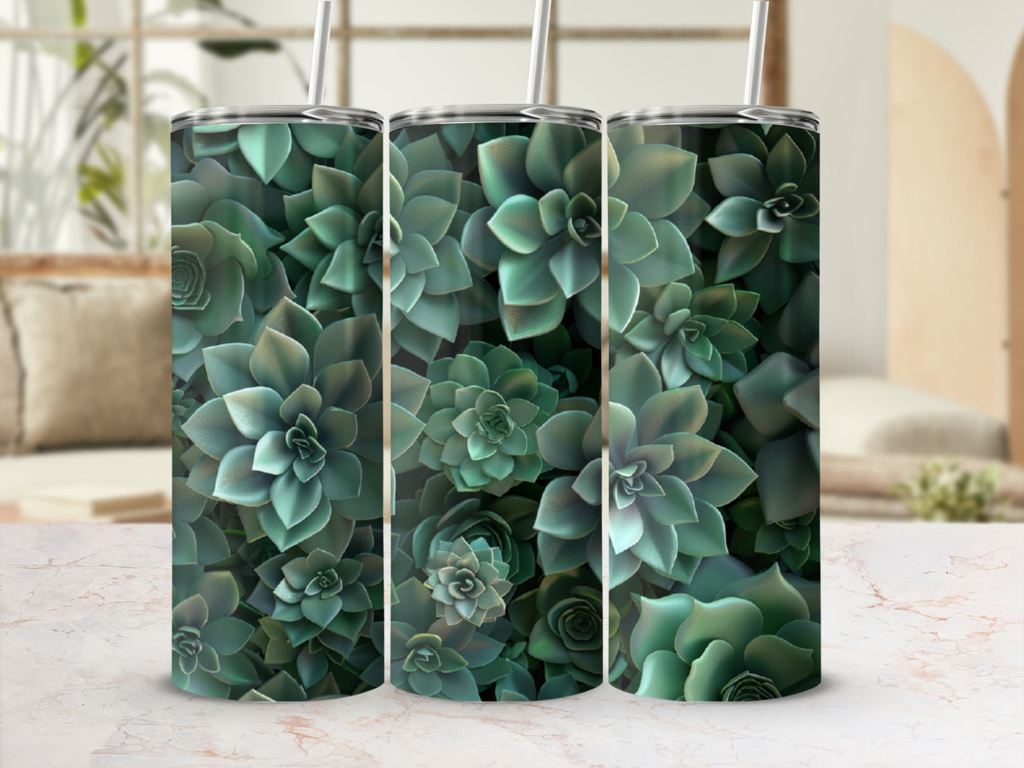 Three tumblers with a repeating pattern of green succulents.