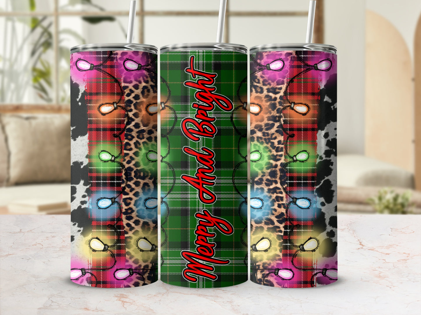 Tumbler with plaid, leopard print, and Christmas lights, says Merry And Bright.