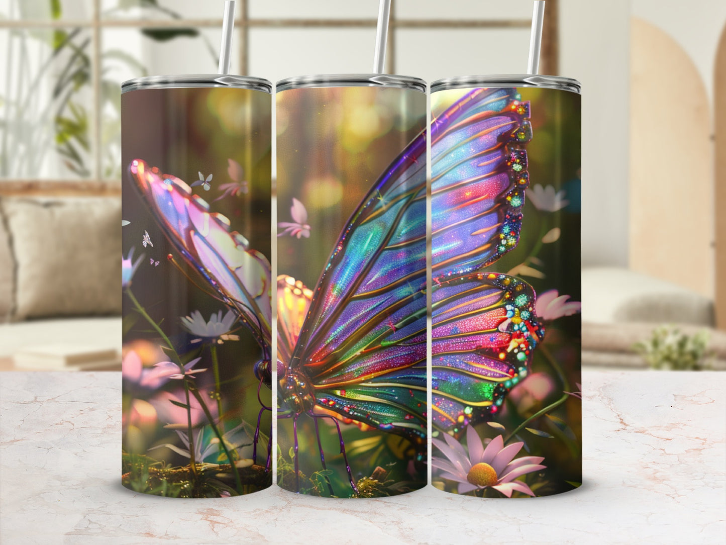 Iridescent butterfly with colorful wings on a floral background.