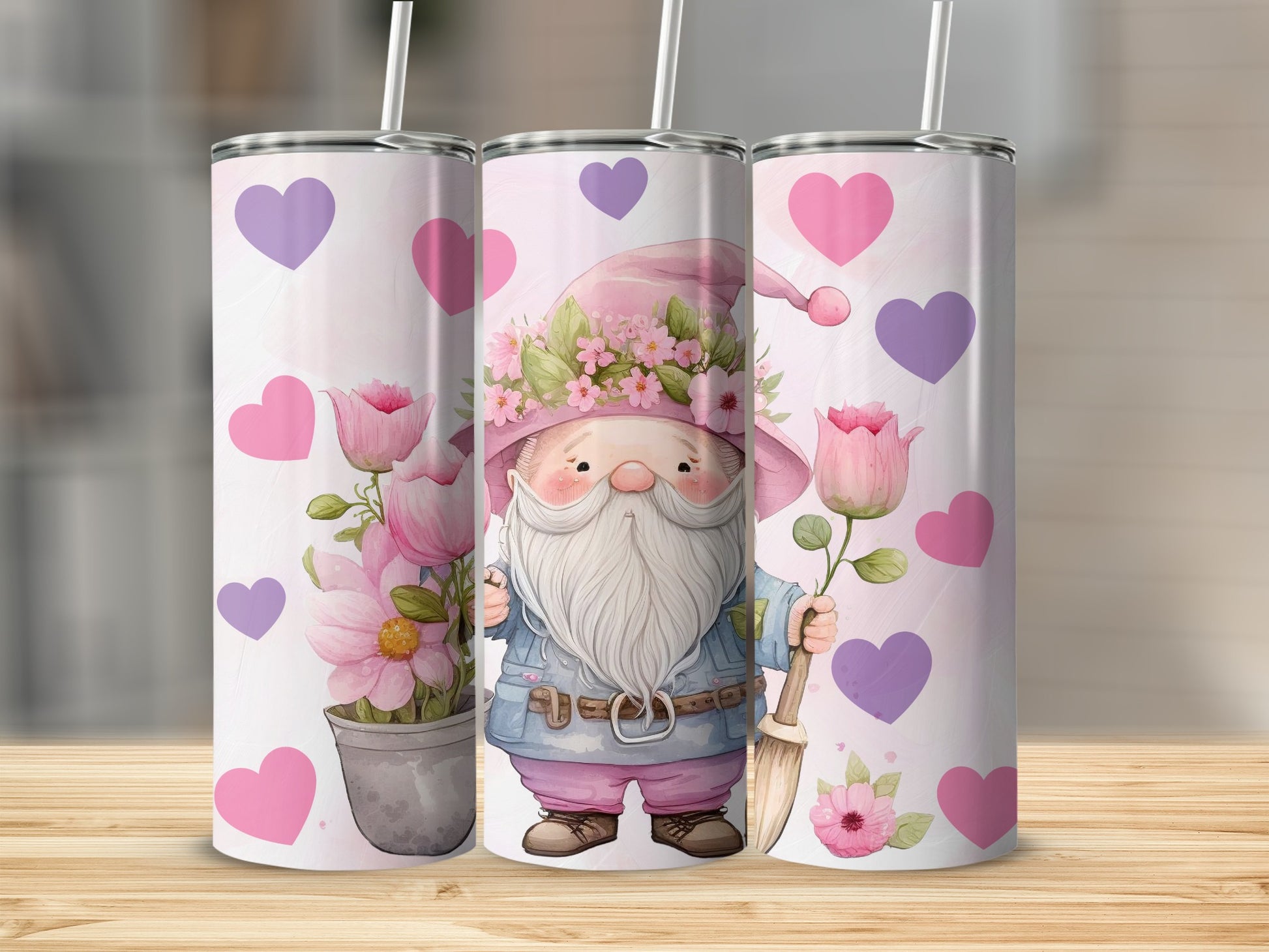 Cute Pink and Purple Heart Gnome Tumbler Design