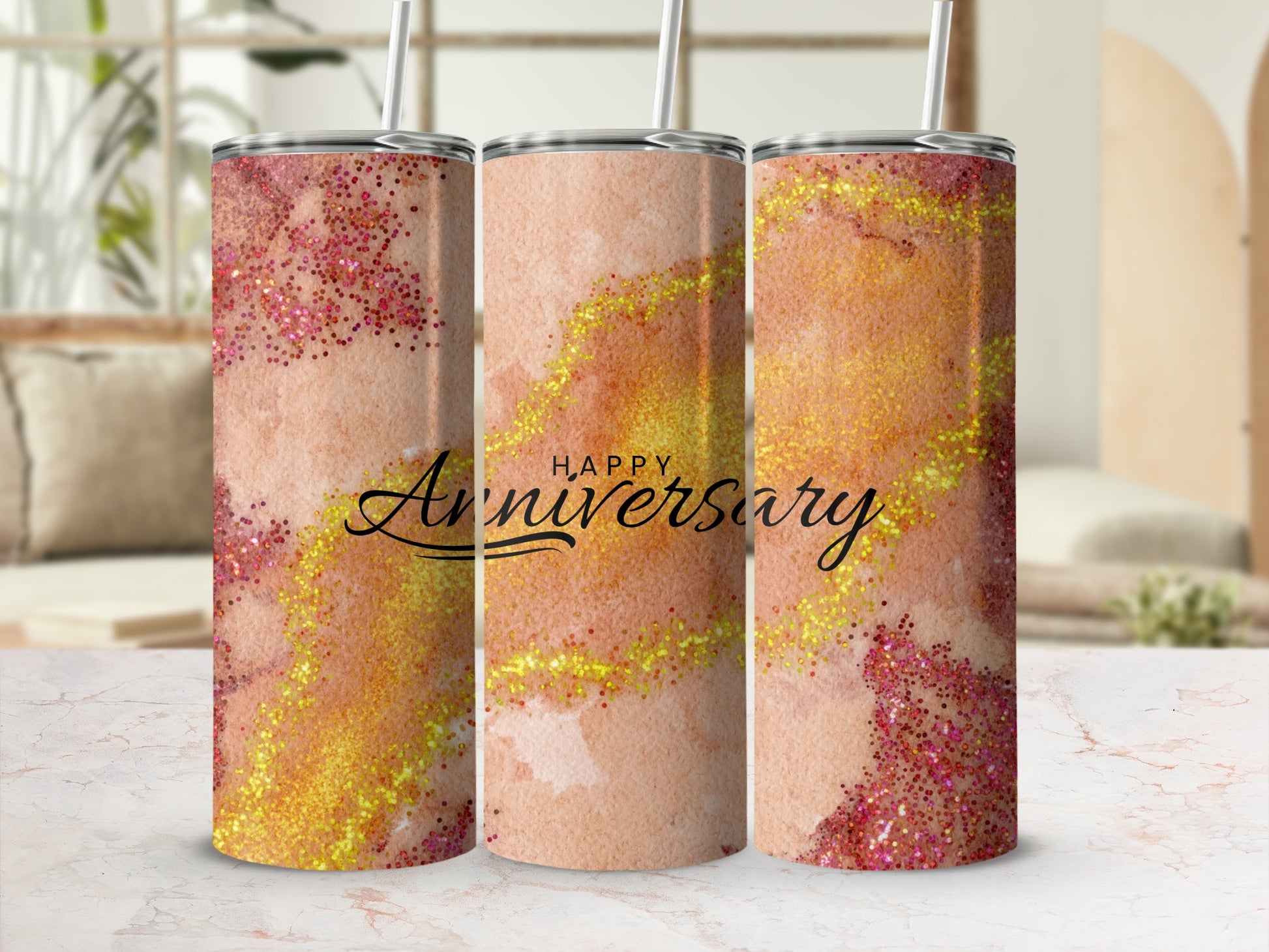 Pink and orange watercolor tumbler with "Happy Anniversary" text and glitter.