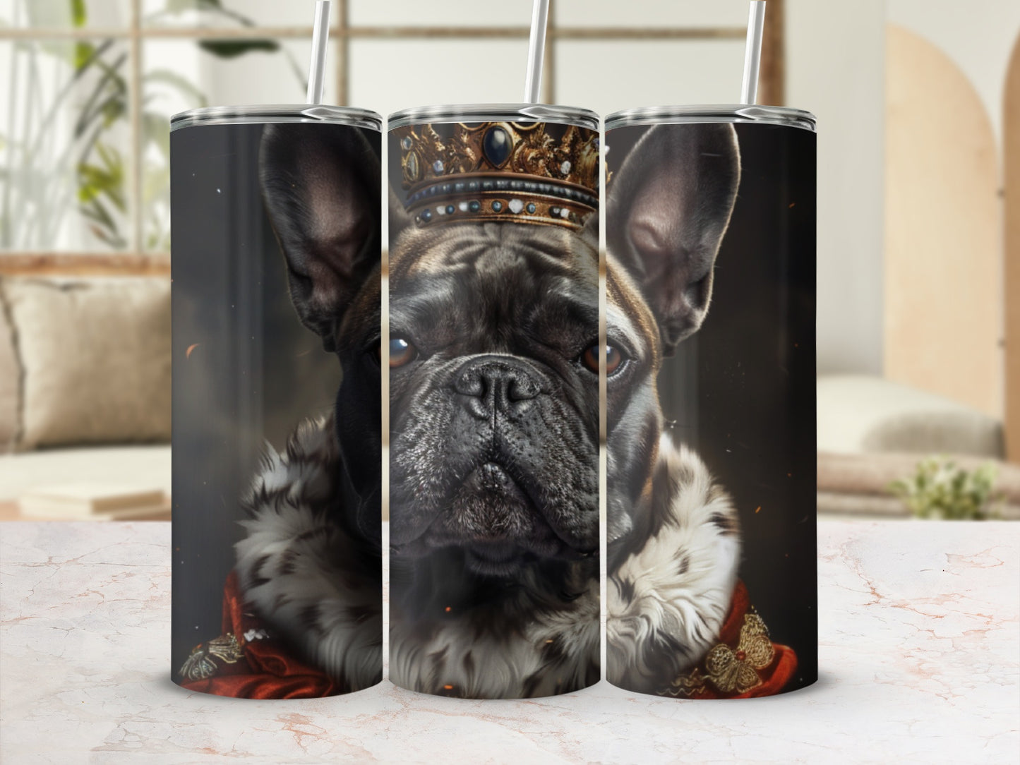 French bulldog wearing a crown and ornate cape, set against a blurred background.