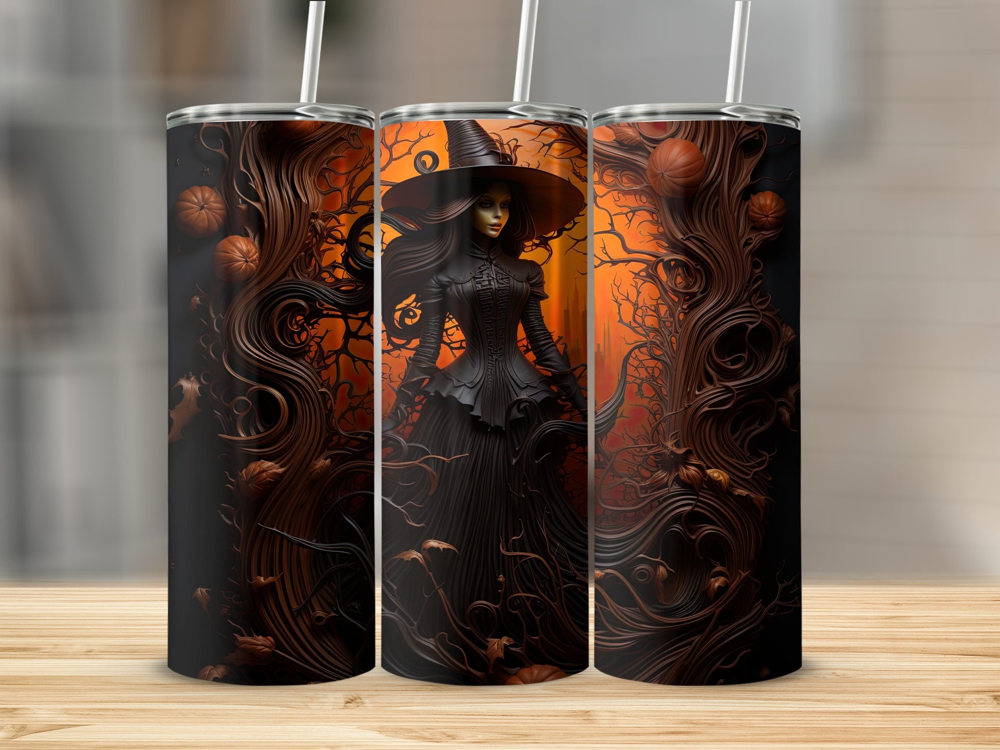 Three tumblers display a Halloween witch amidst twisted trees and pumpkins.