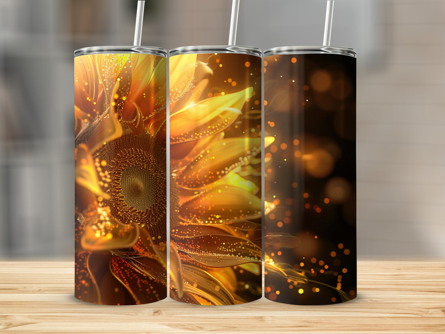 Three tumblers featuring a golden sunflower design with bokeh lights.