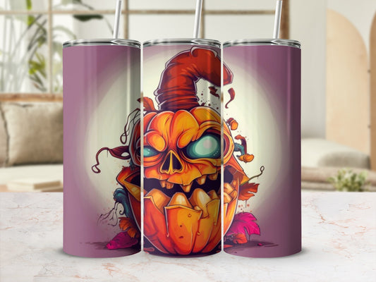 Trio of tumblers featuring a cartoonish, carved Halloween pumpkin with glowing eyes.