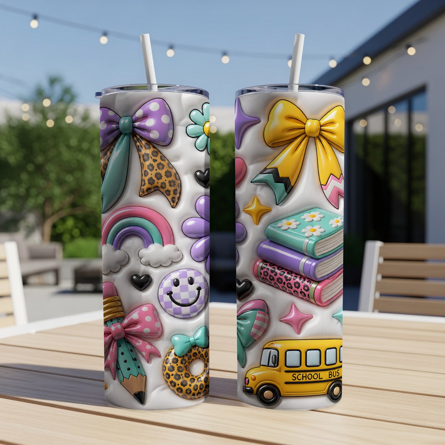 Two tumblers with playful school-themed designs including bows, books, and a school bus.
