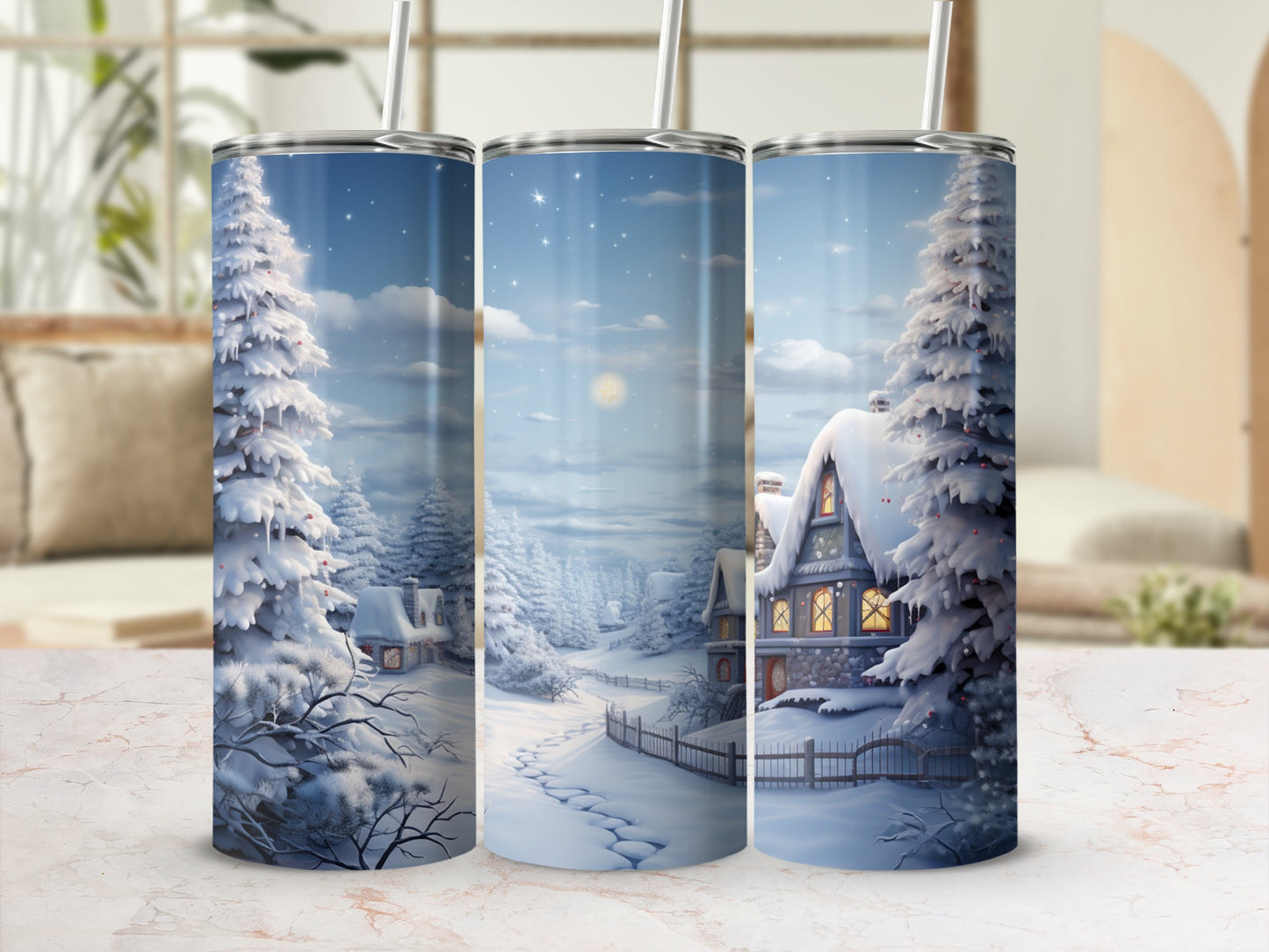 Winter village scene with snow-covered trees and houses on a tumbler.