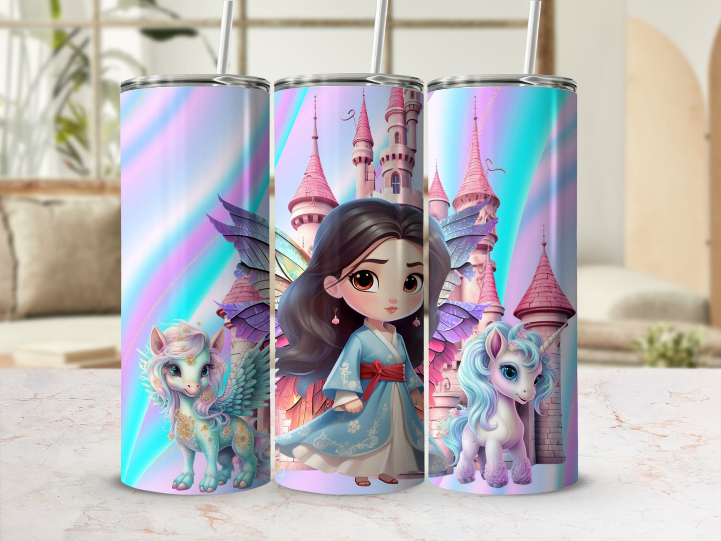 Princess and Unicorn Fantasy Castle Art Tumbler