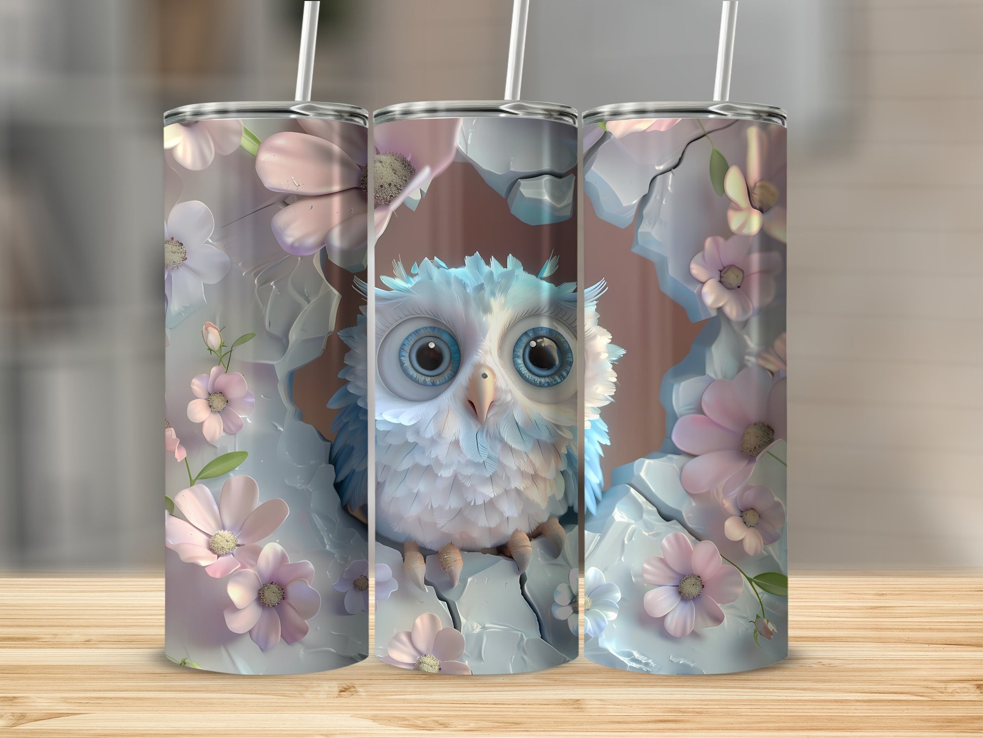 Cute cartoon owl with big blue eyes on a floral patterned tumbler.