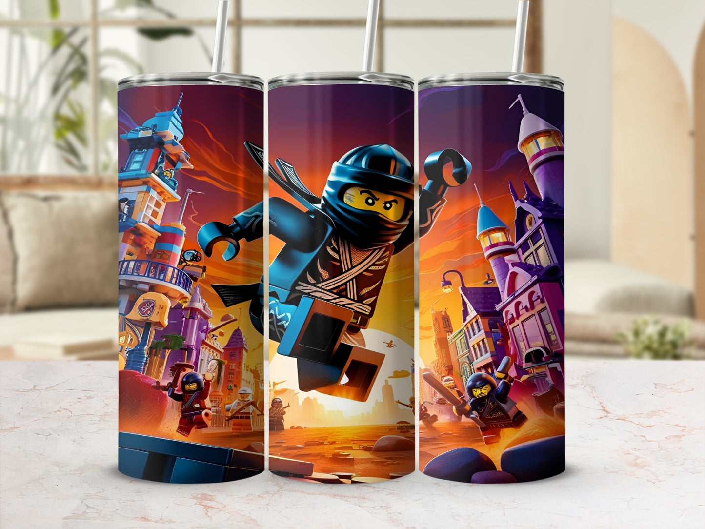 Ninjago characters in a city setting with buildings and sunset background.