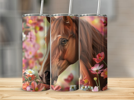 Horse portrait with flowers on a tumbler.