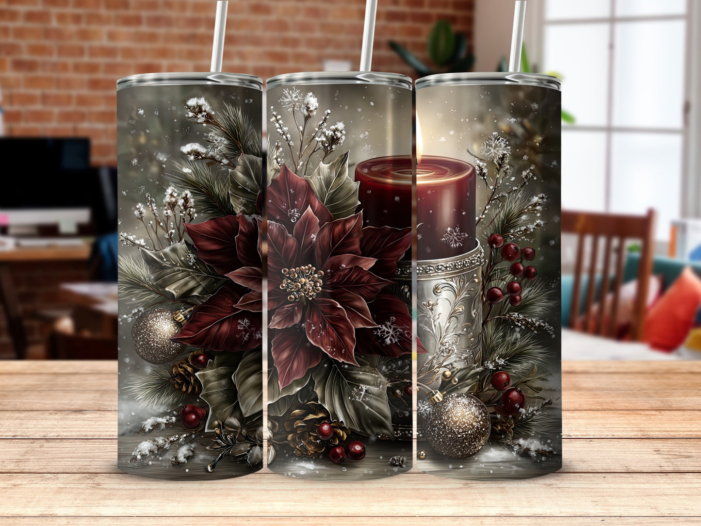 Festive Holiday Christmas Tumblers with Poinsettia Design