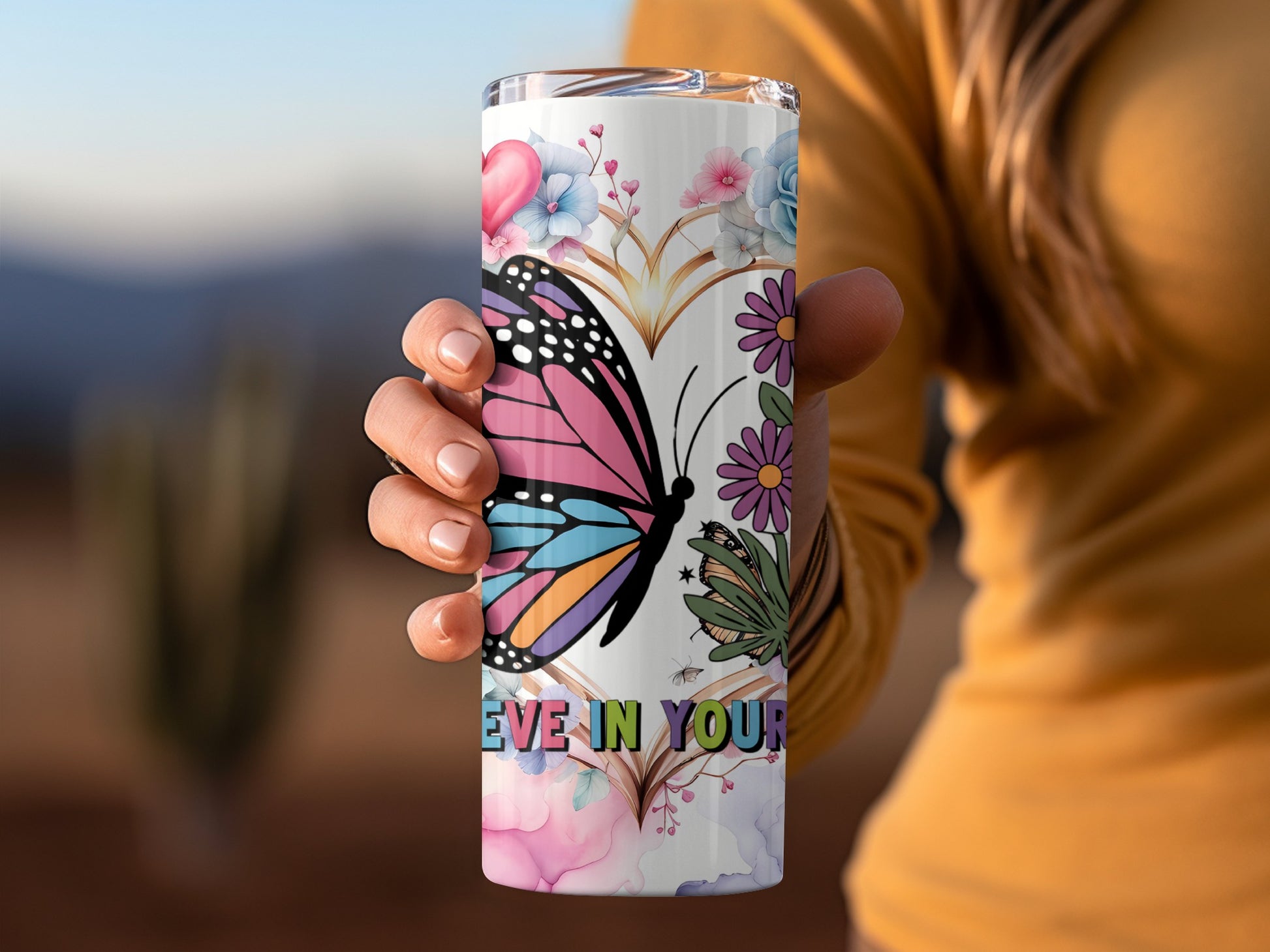 Colorful Butterfly and Floral Design Tumbler