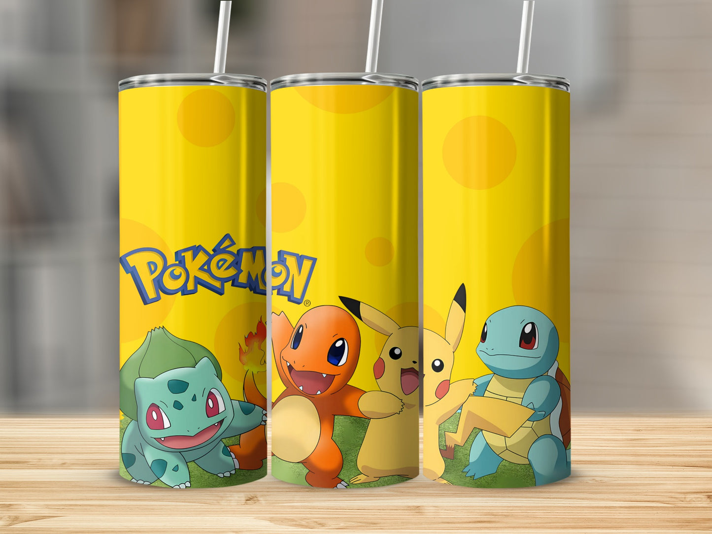 Pokémon Yellow Tumbler with Pikachu Charmander Squirtle Bulbasaur