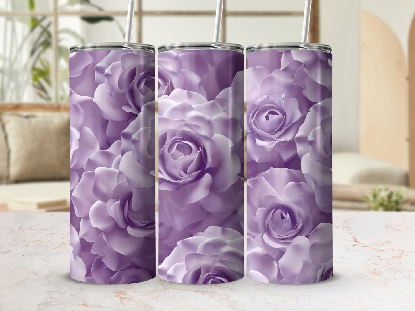 Three tumblers with a purple rose floral pattern.