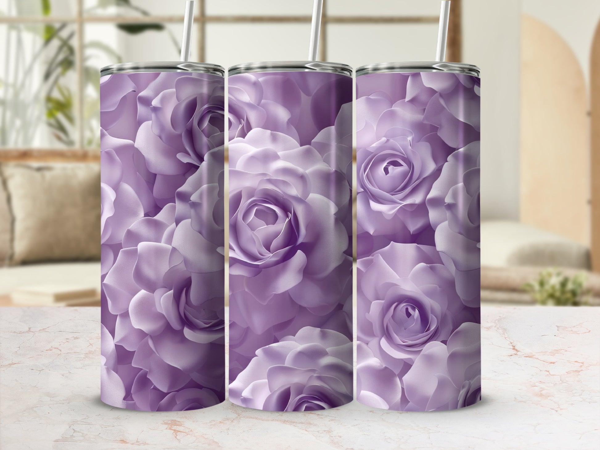 Three tumblers with a purple rose floral pattern.