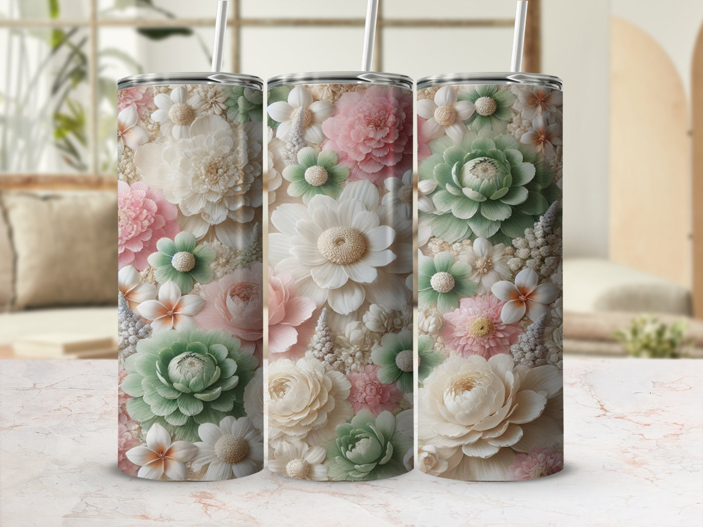 Floral Patterned Tumblers with Straw 20oz Cup