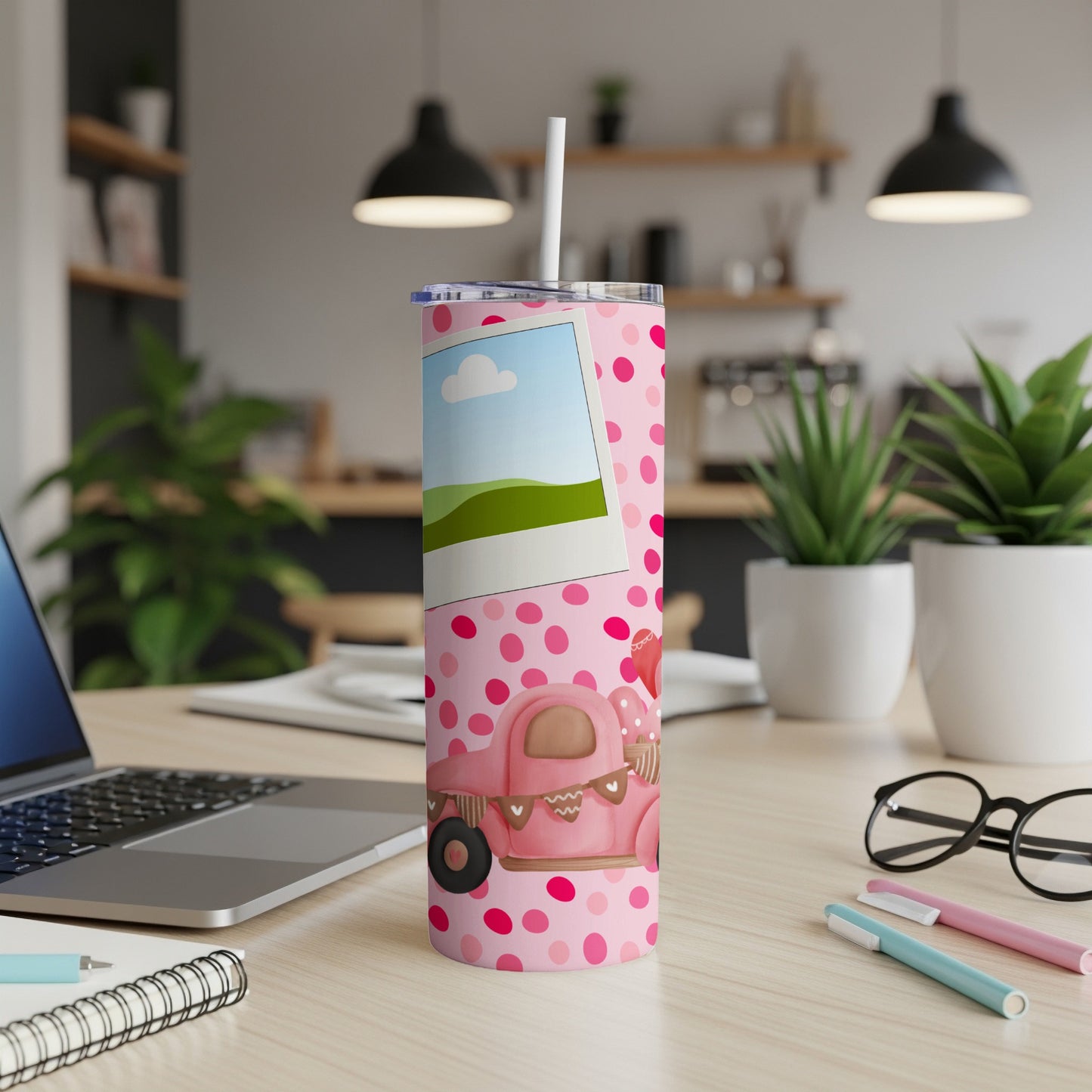 Pink polka dot tumbler with a vintage truck and picture frame design.