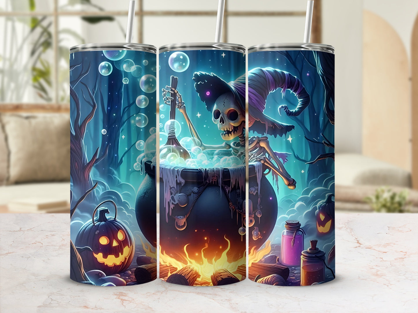 Skeleton witch stirs cauldron with bubbles, jack-o'-lantern, and potion bottles.