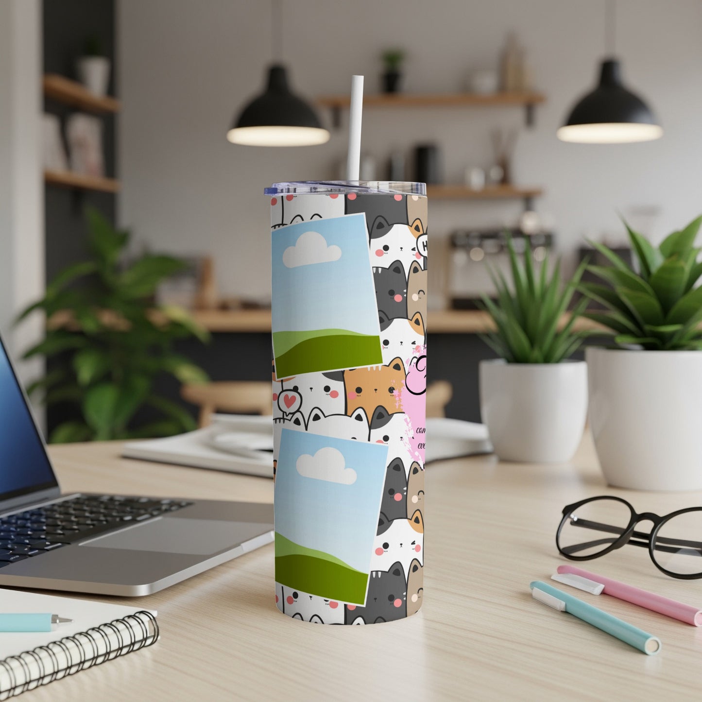 Tumbler with a pattern of cute cartoon cats and inserted photo frames.