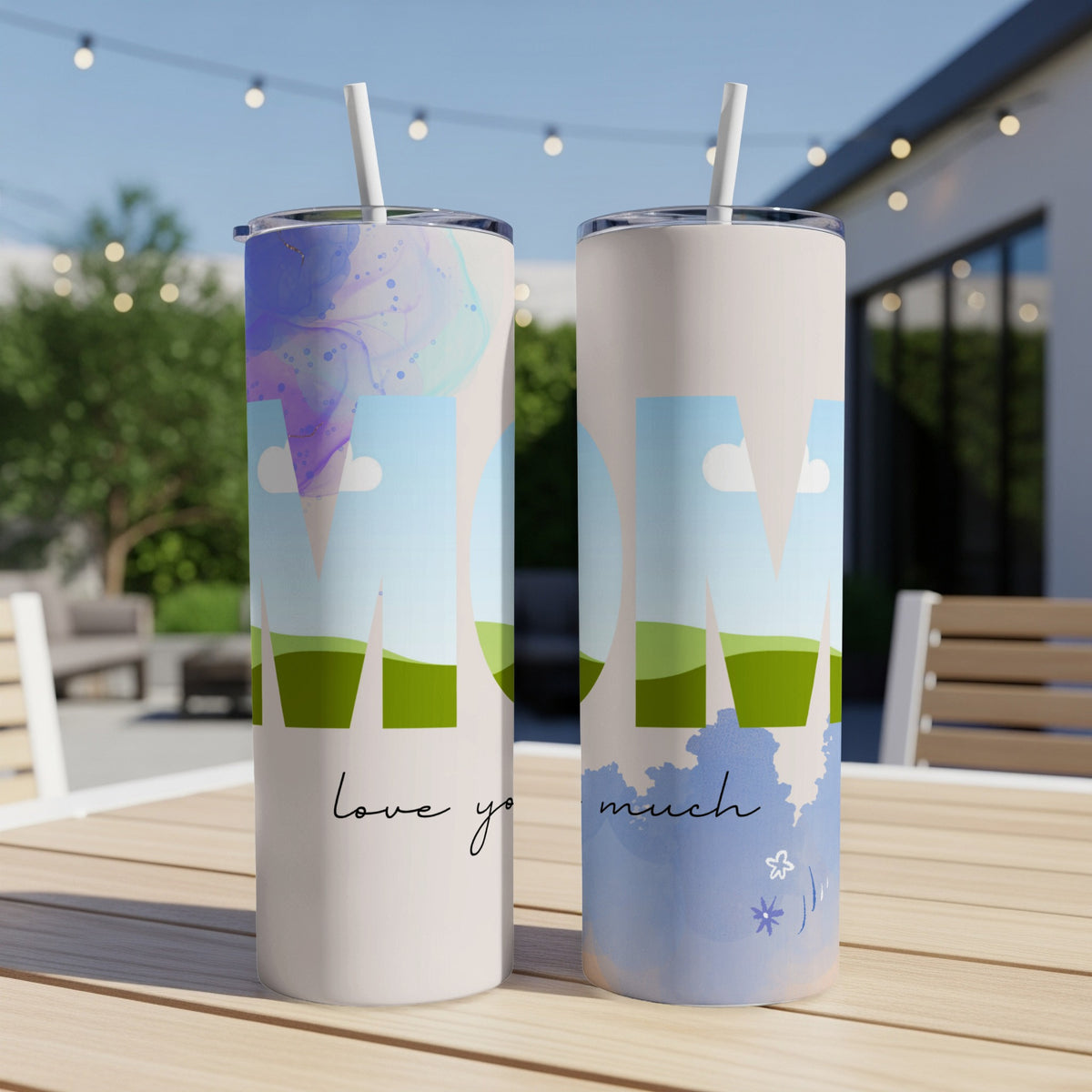 Two tumblers with "MOM" text and watercolor designs, reading "love you much".
