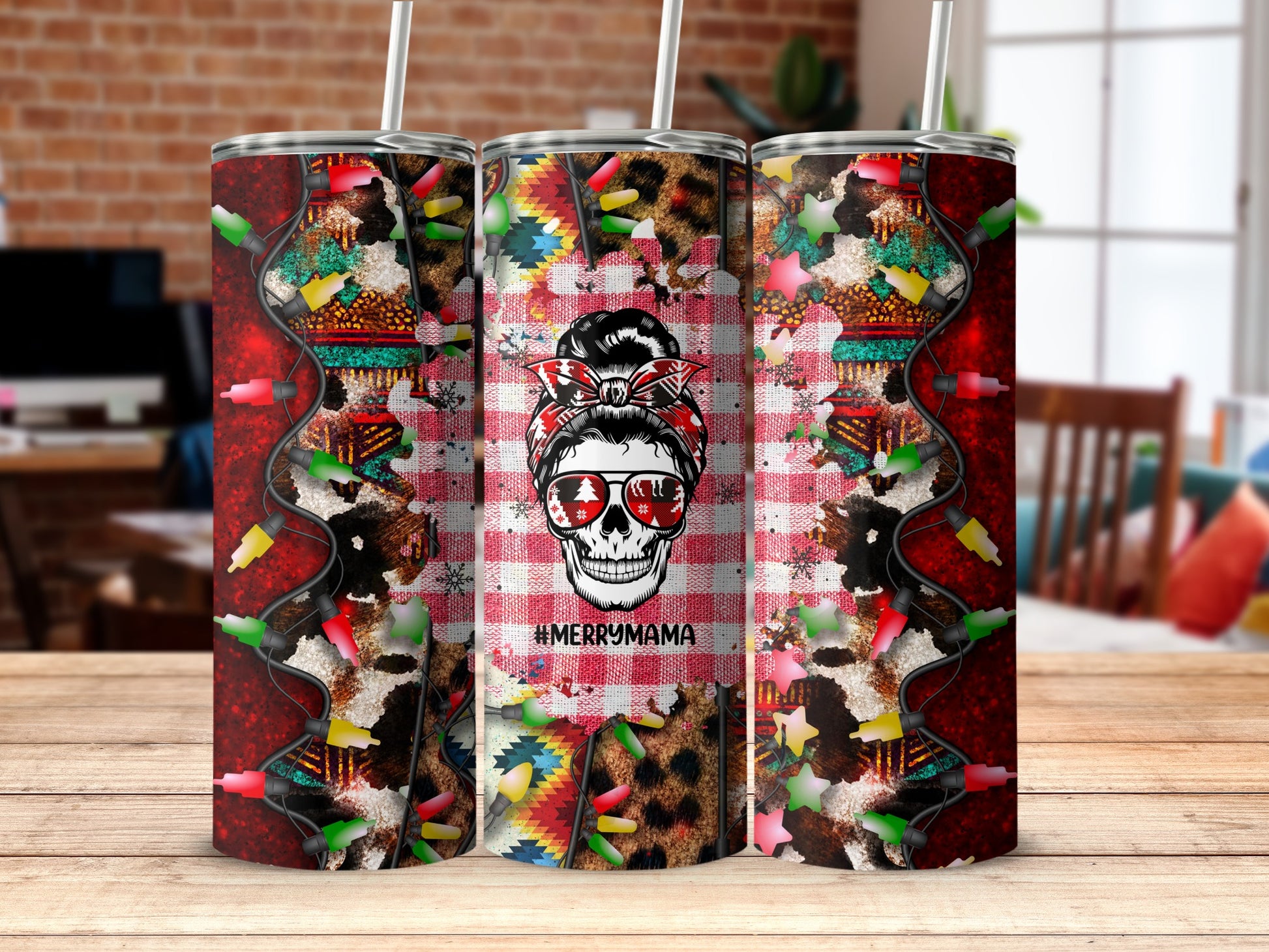 Tumbler with "Merry Mama" text, skull graphic, and holiday lights.