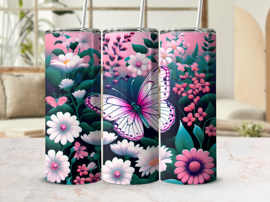 Pink and white floral tumbler with butterfly design.