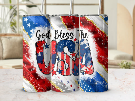Two tumblers with "God Bless The USA" text and patriotic glitter design.