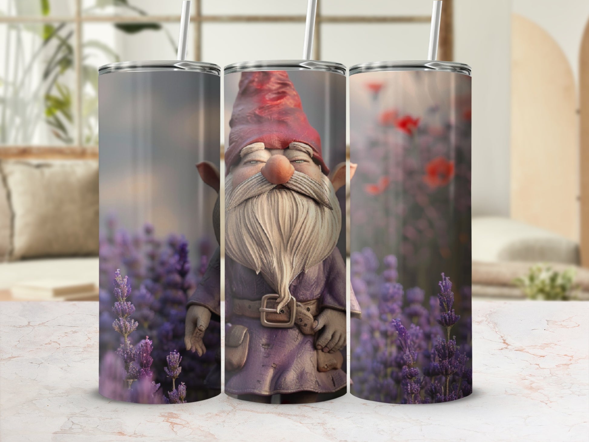 Triptych of a gnome in a purple tunic standing in a field of lavender and poppies.