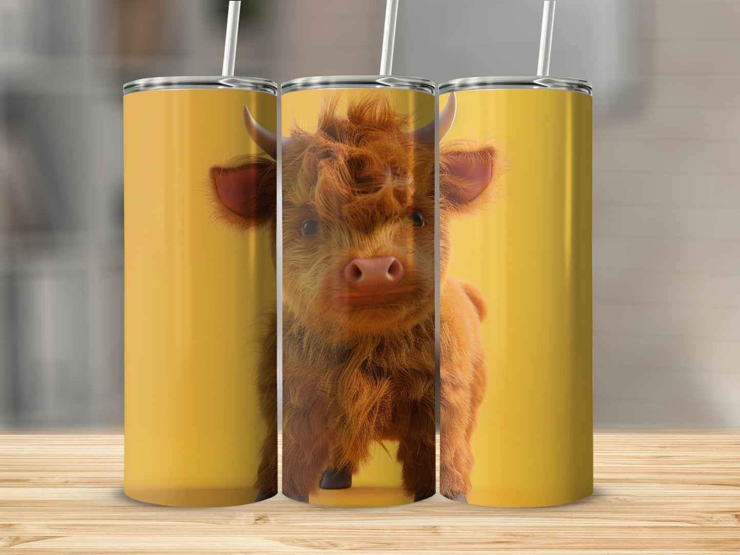 Three Highland cow tumblers with yellow background.