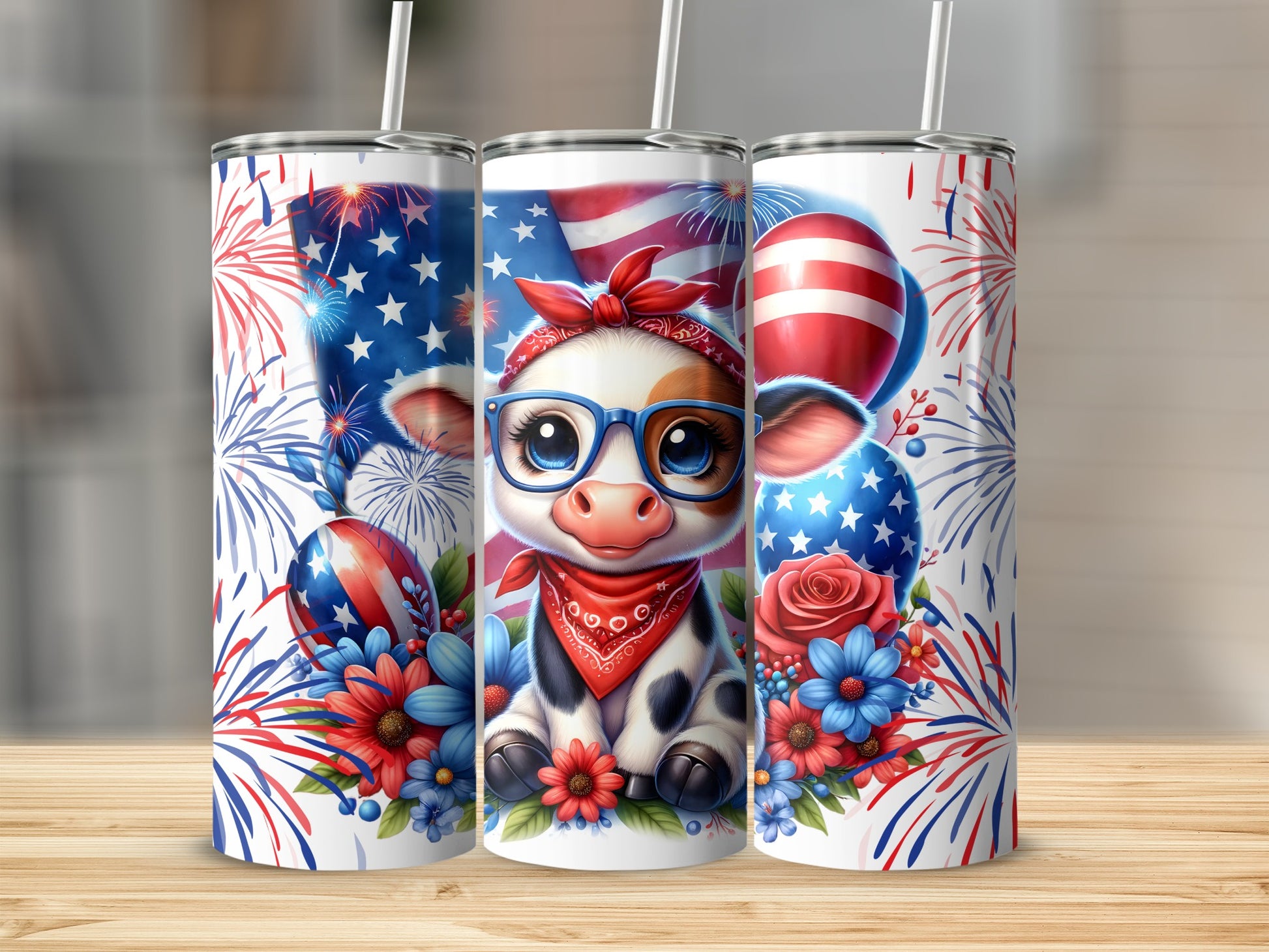 Cute cow wearing glasses and bandana with patriotic fireworks and balloons.