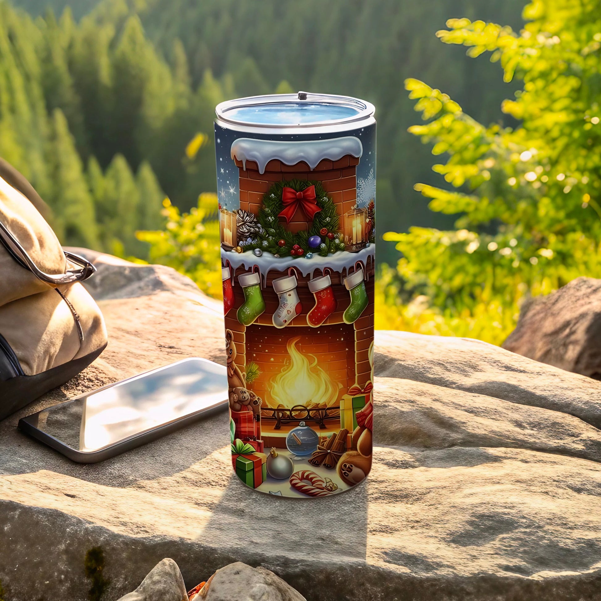 Festive Fireplace Scene with Christmas Stockings Tumbler