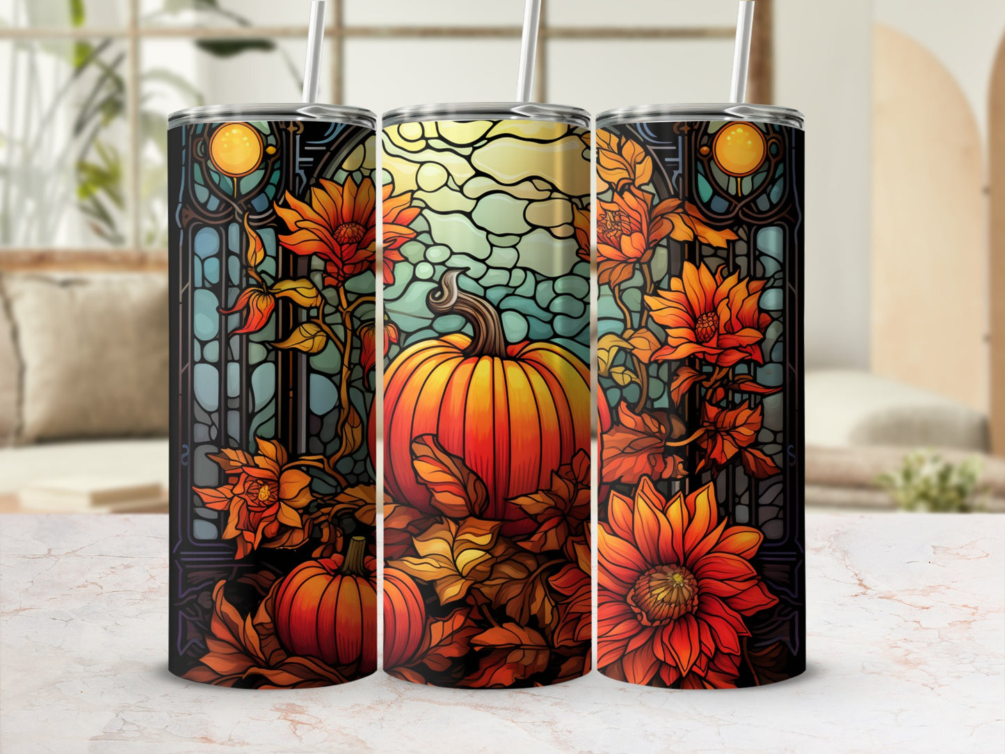 Three tumblers with stained glass pumpkin and floral designs.
