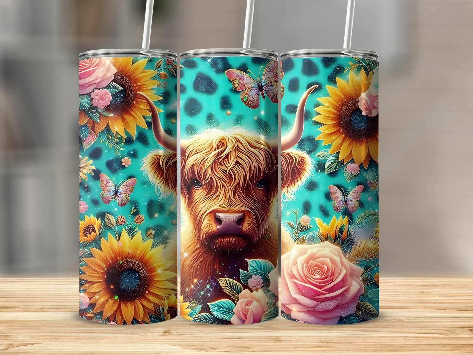 Highland Cow and Sunflower Floral Design Tumbler