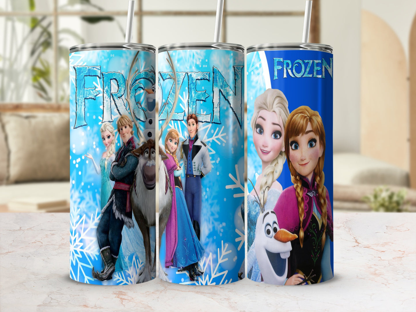 Frozen characters Elsa, Anna, Olaf, and Kristoff on blue tumblers with snowflakes.