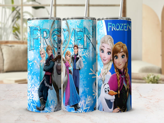 Frozen characters Elsa, Anna, Olaf, and Kristoff on blue tumblers with snowflakes.