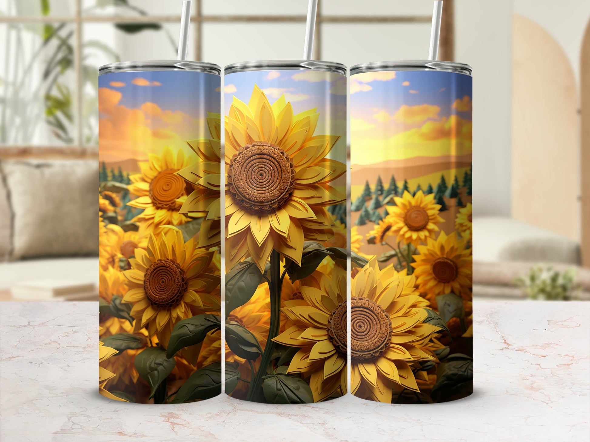 Sunflower Field Design Insulated Tumbler 20 oz Flask